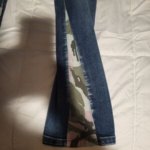 Coco + Carmen Blue Flare Jeans with Camouflage Detail. Stretch Waistband